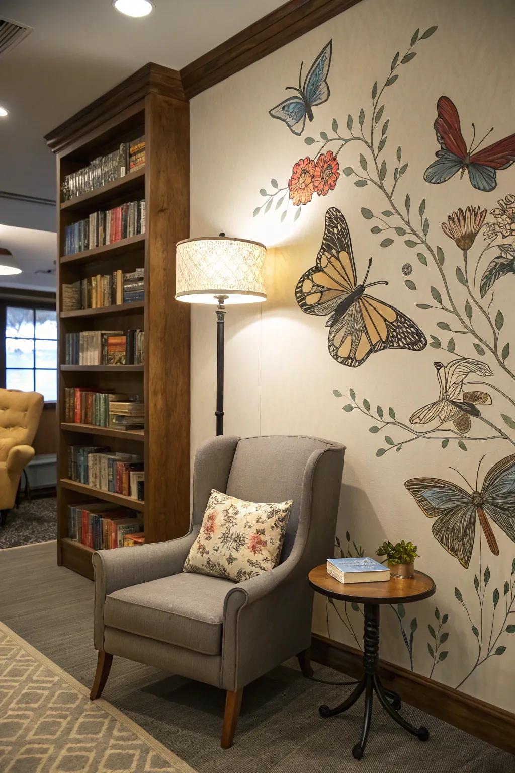 Books transform into butterflies, symbolizing the flight of imagination.