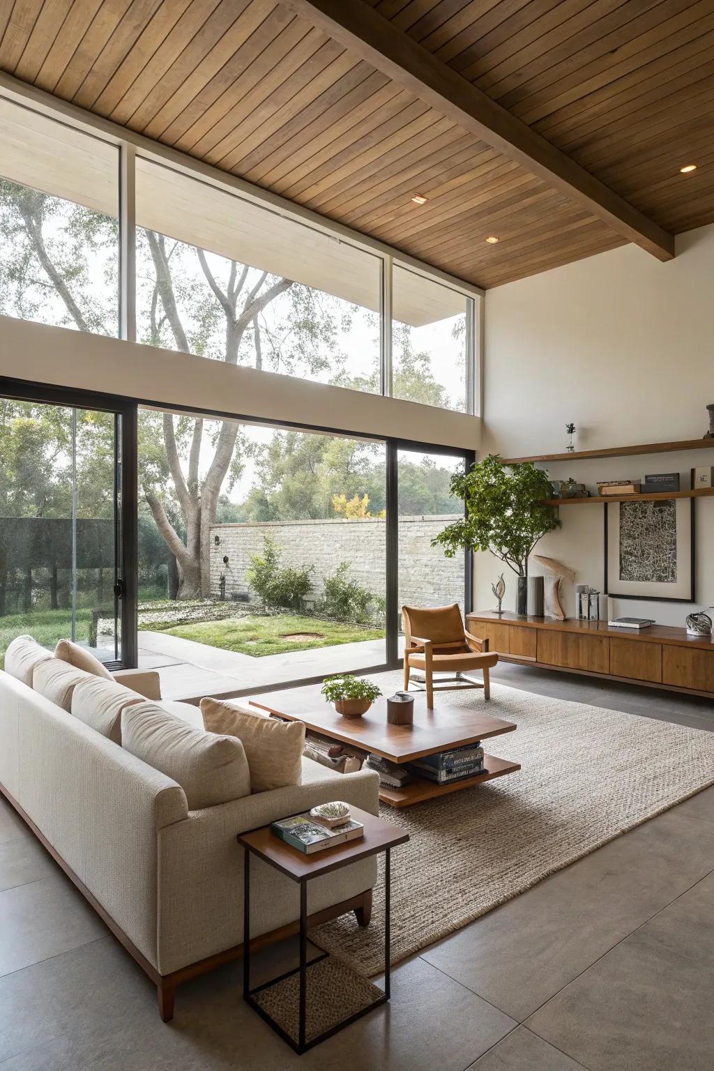 An open and spacious layout with minimal clutter enhances this mid-century modern living room.