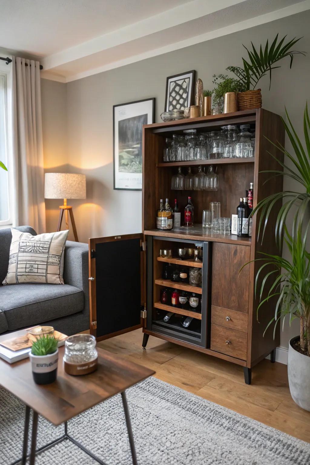 A condensed bar closet competently organizes essentials within delimited expanses.