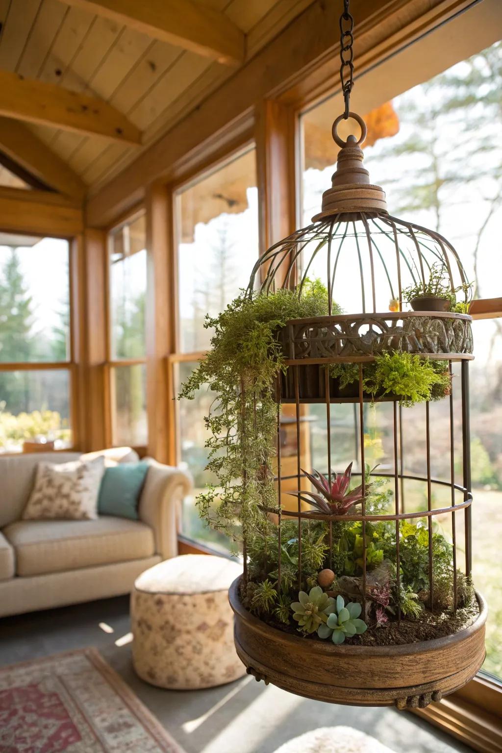 An avian enclosure morphs into an abundant succulent landscape.