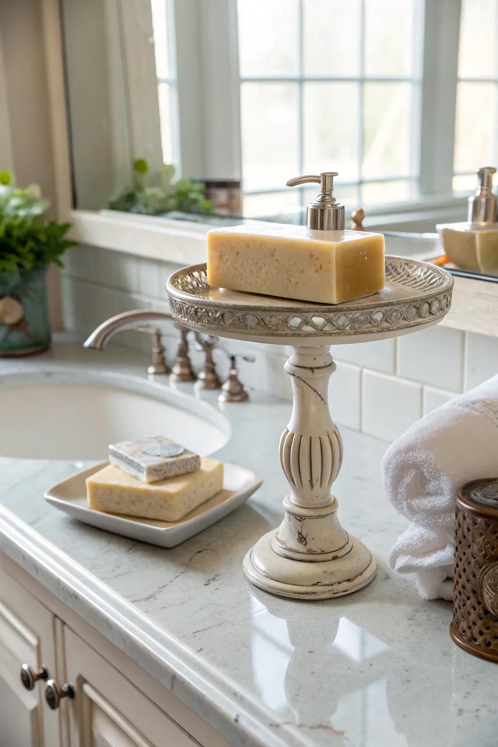 A plinth adds height and interest to the bathroom counter.