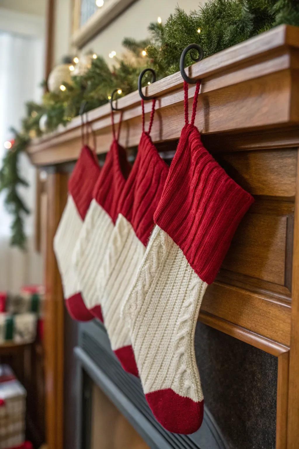 Plain knitted hosiery introducing texture to minimalist Christmas decorations.
