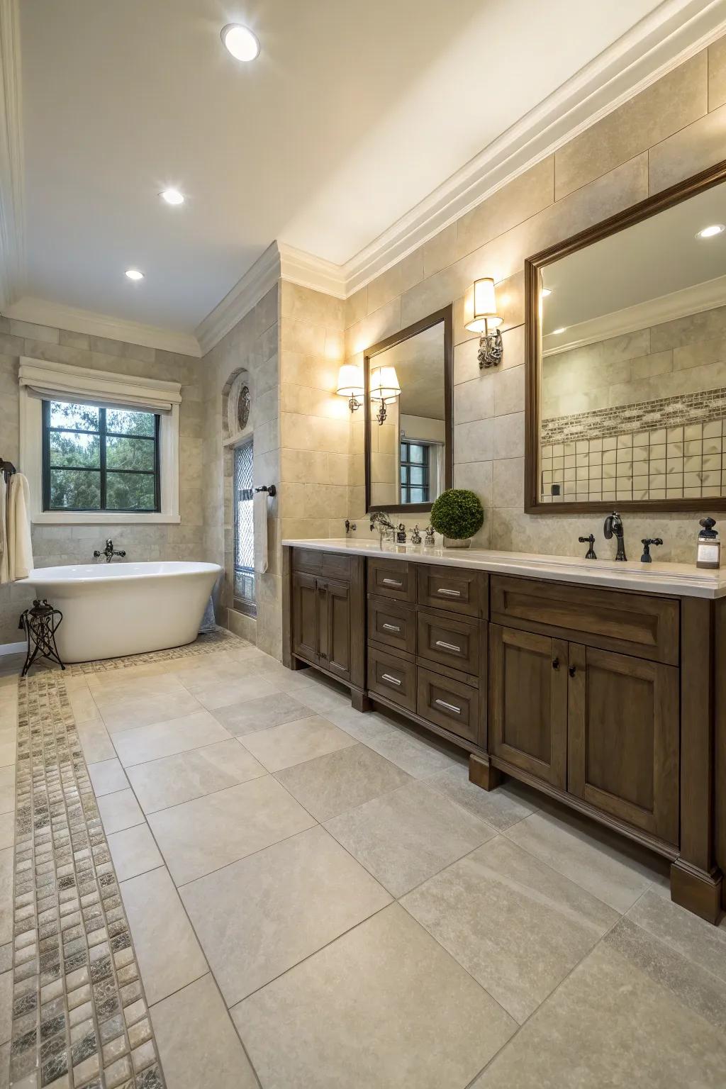 Paneling and concrete fashion an eclectic, sophisticated bathing quarter design.