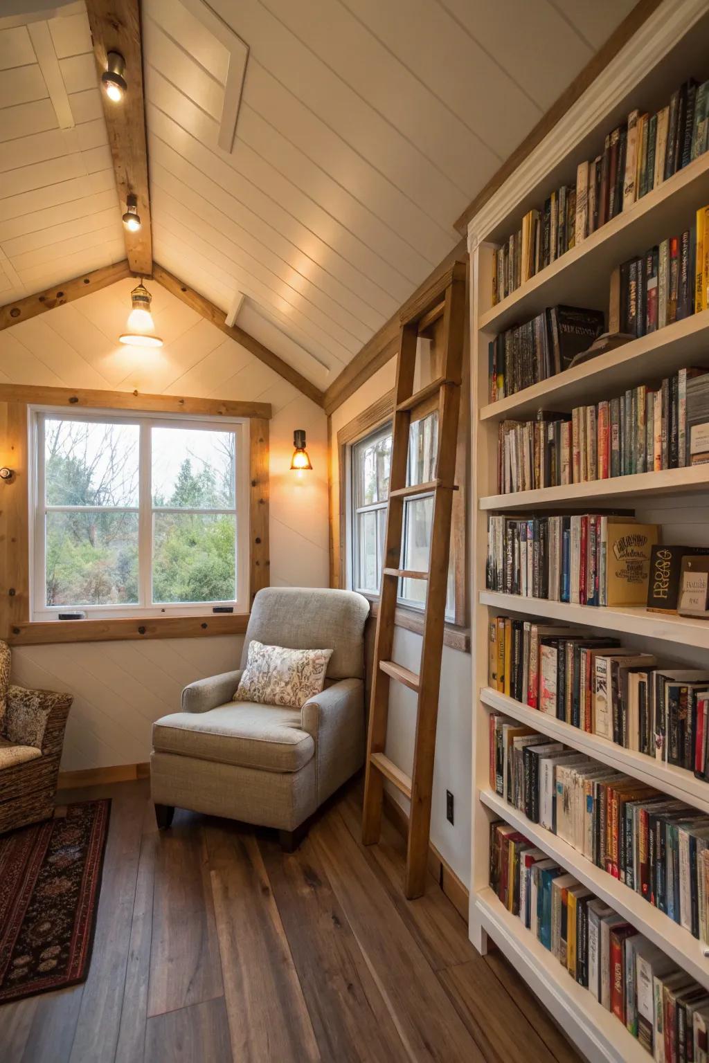 A cozy elevated space featuring bookshelves including a reading chair, maximizing vertical area inside the mobile home.