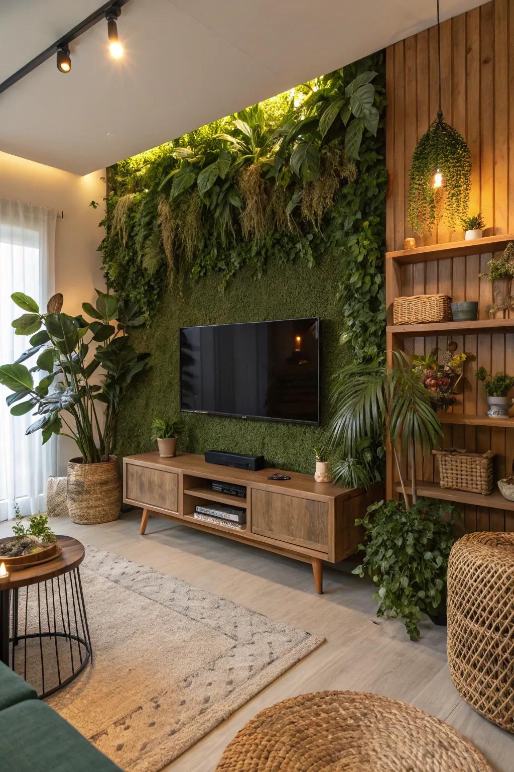 Vegetation contributes a vibrant, organic sensation to the TV wall.