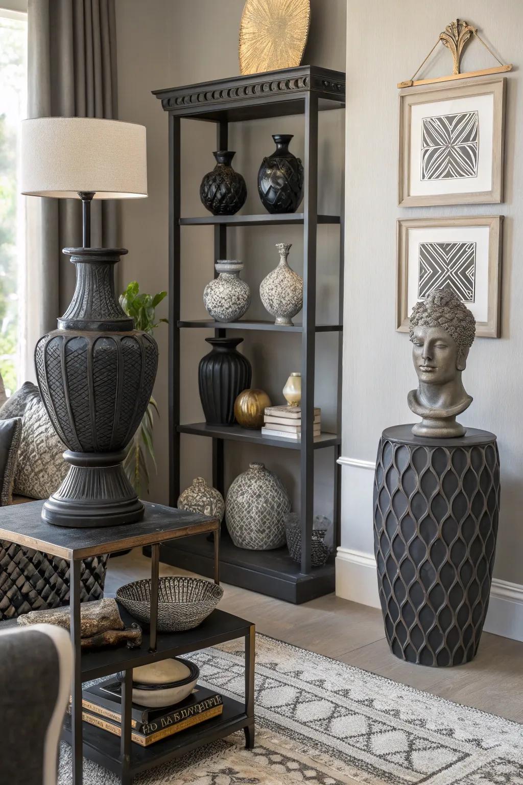 Decorative accents in ebony and stone grey enhance the room's unified aesthetic.