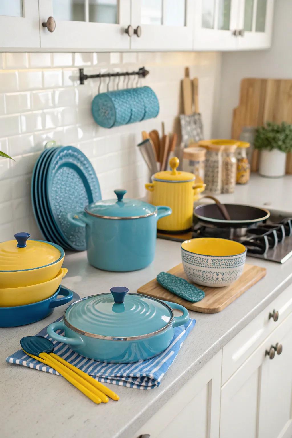 Hue-synchronized kitchenware retains the theme uniform and stylish.