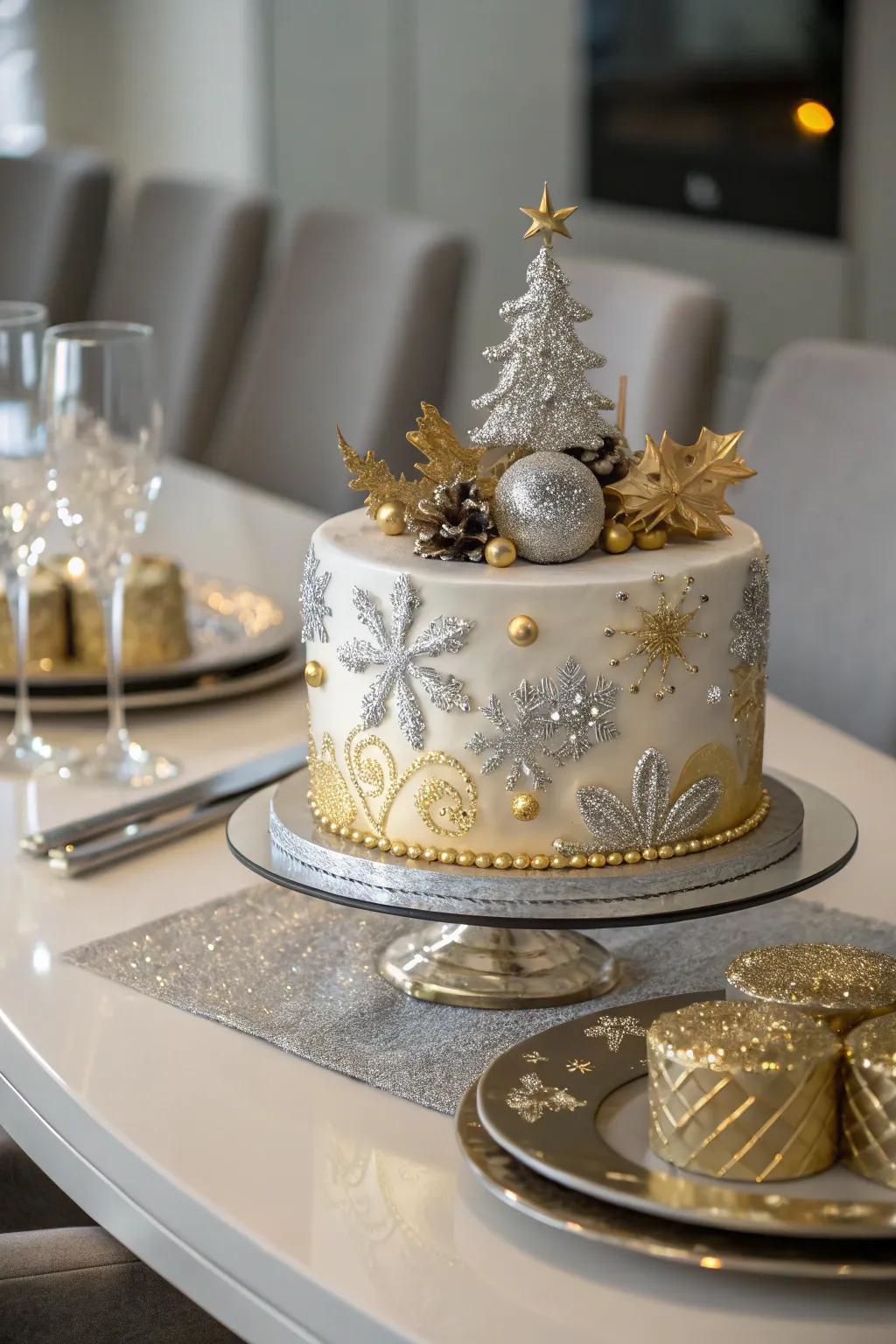 Christmas cake featuring metallic splendor