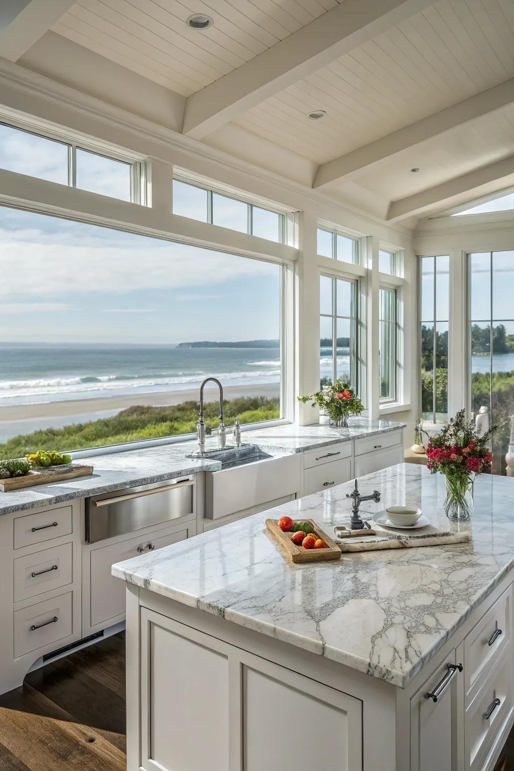 An open kitchen design that flows smoothly into the eating area.