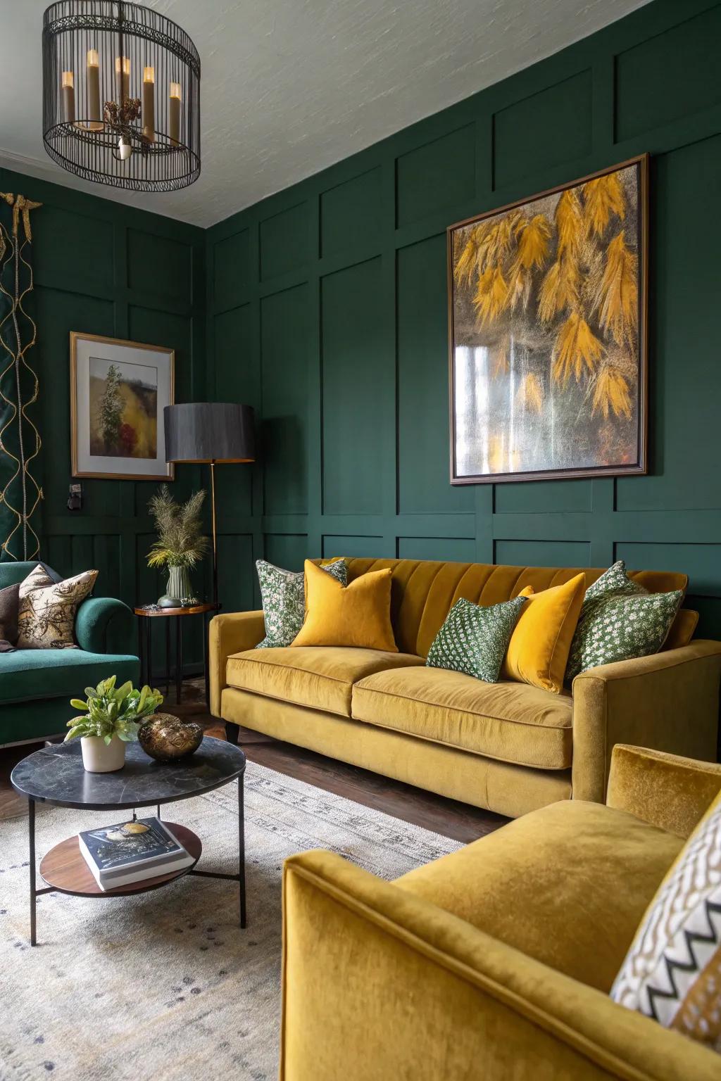 Surprising pops of color bring vibrancy to a dark green living room.