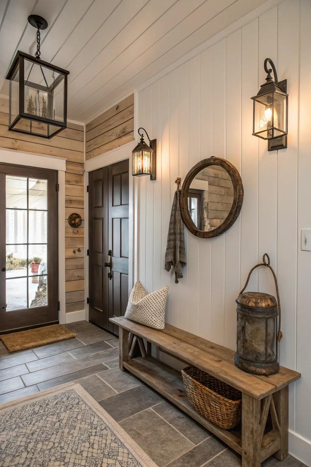 Lapboard walls enhance the rustic charm of the entryway.