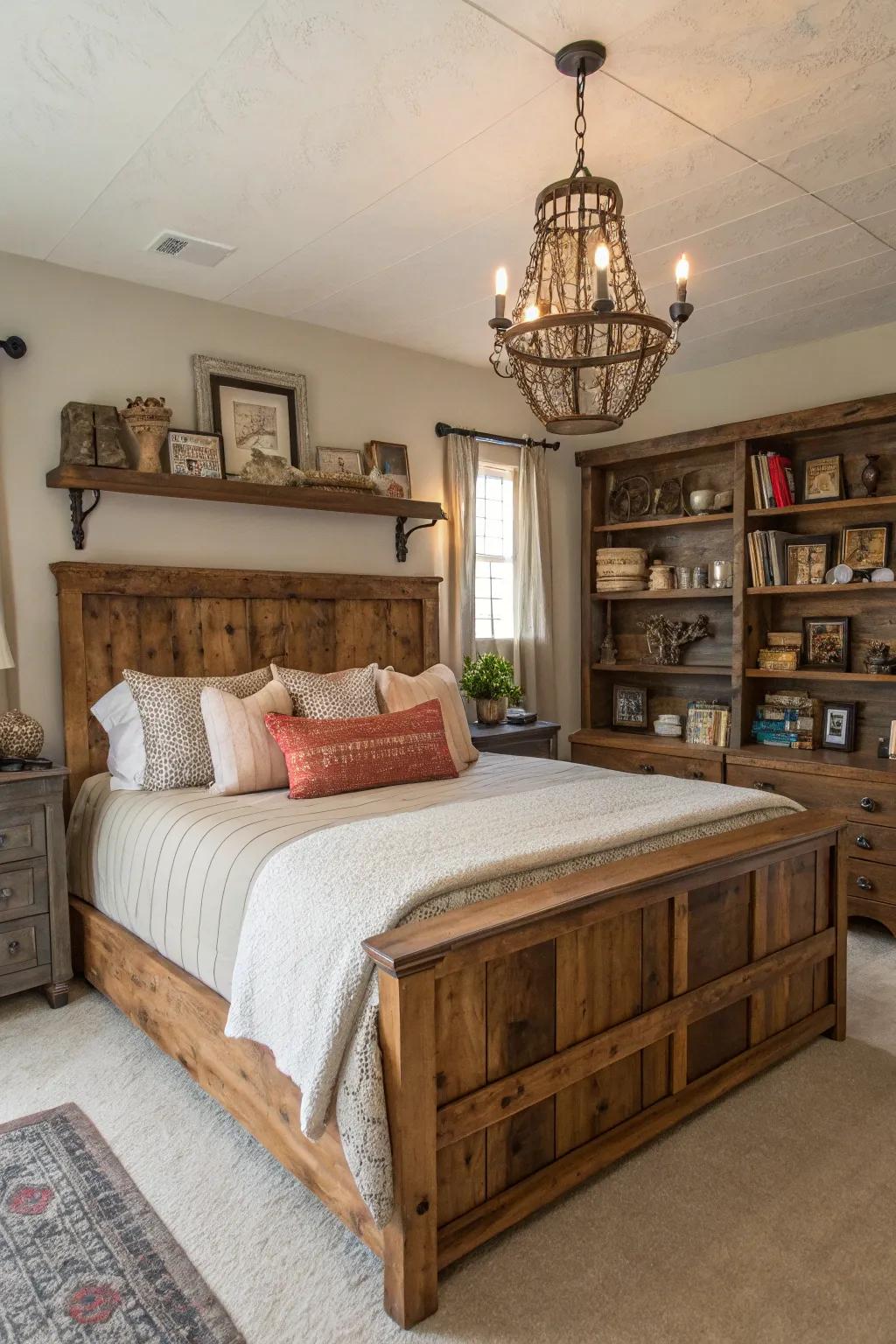Recovered objects introduce traditional charm and history to the farmhouse bedroom.