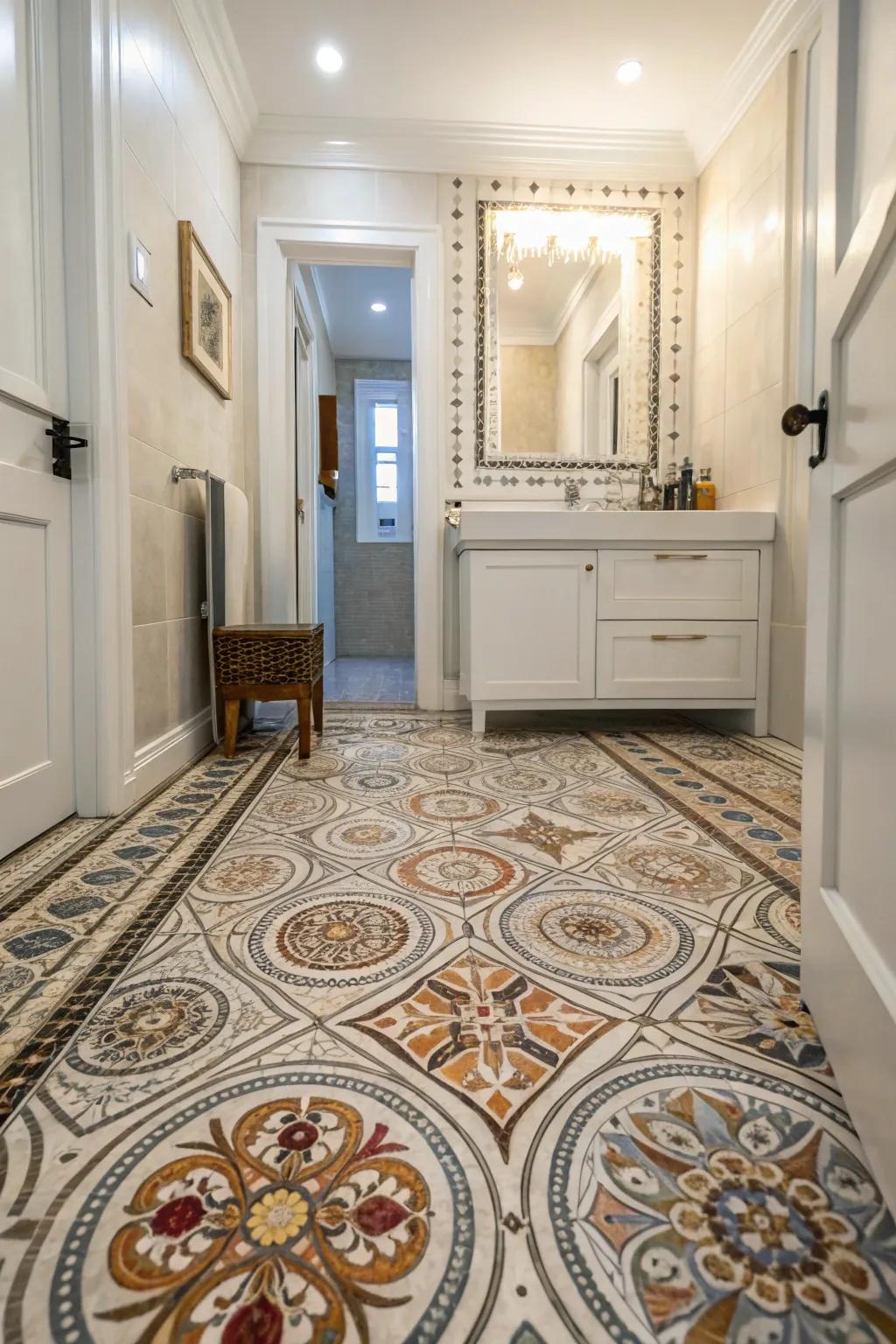 Elaborate patterned floor tiles capture attention in a powder room.