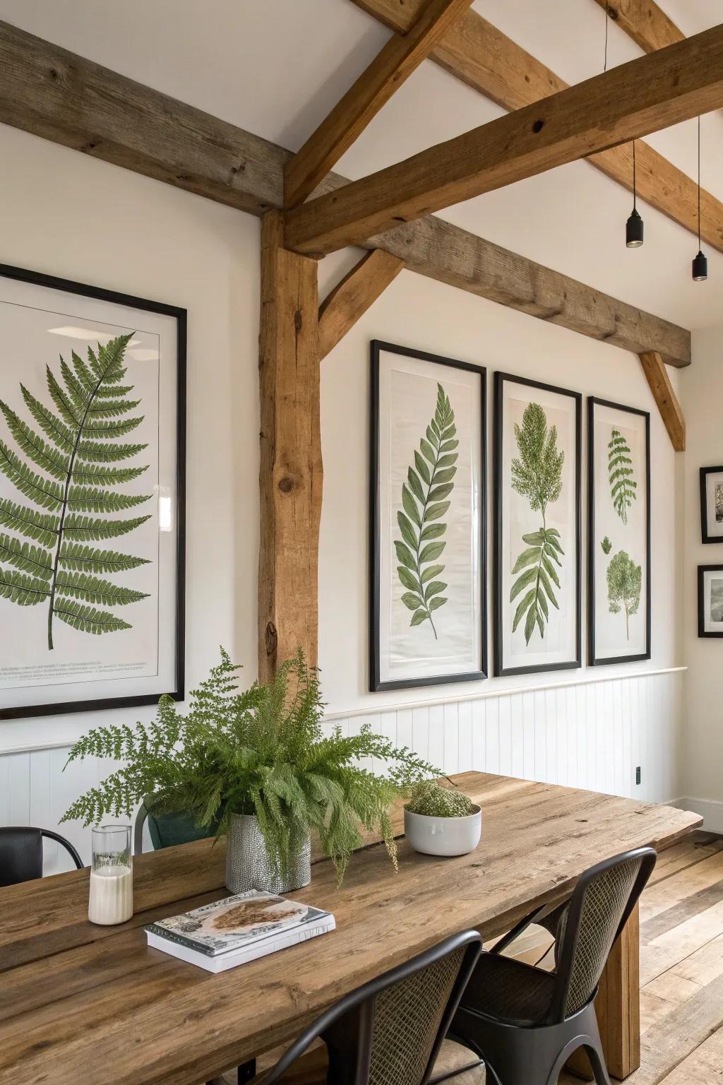 Botanical artwork imparting a natural element to a dining room.