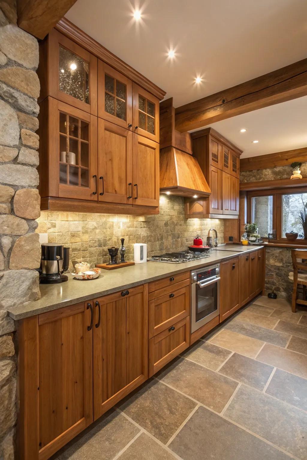 Natural elements like wood and stone add warmth.