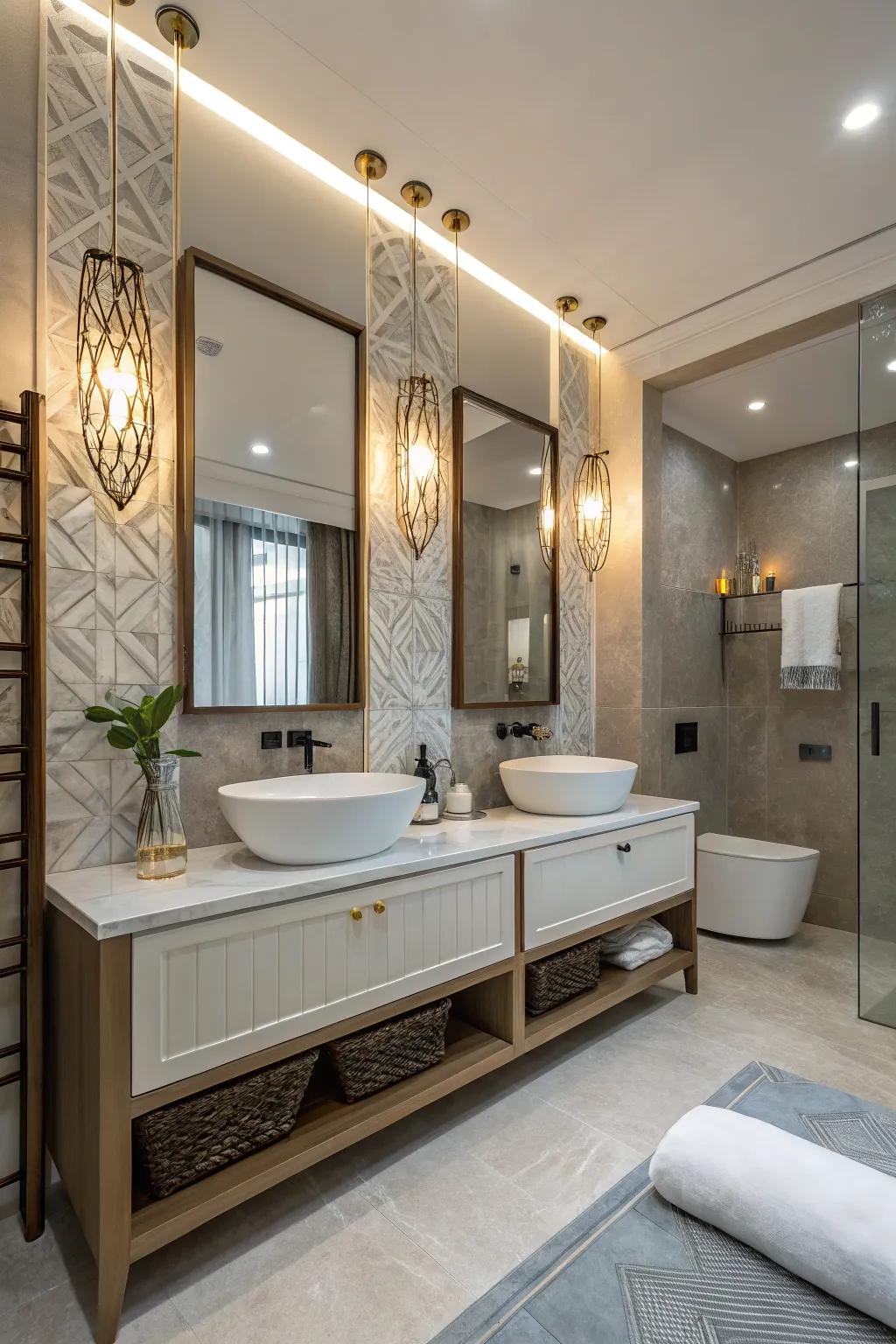 Highlight illumination incorporates a nuance of sophistication to this bathroom.
