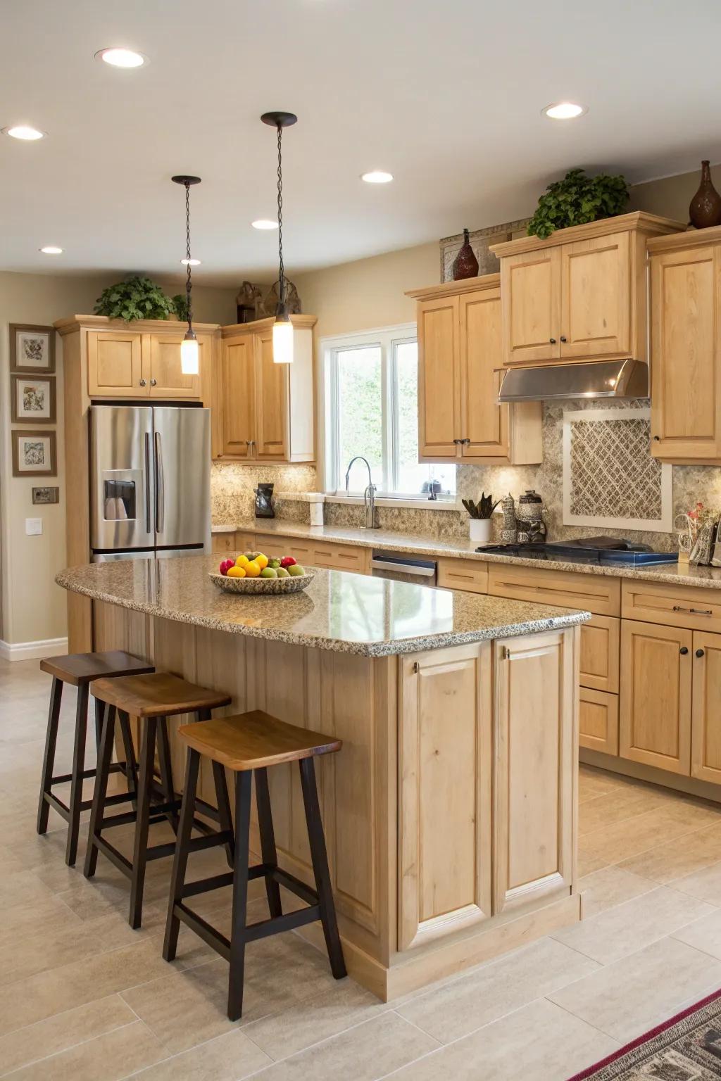 A central island with pale maple cabinets enhances functionality and fashion.