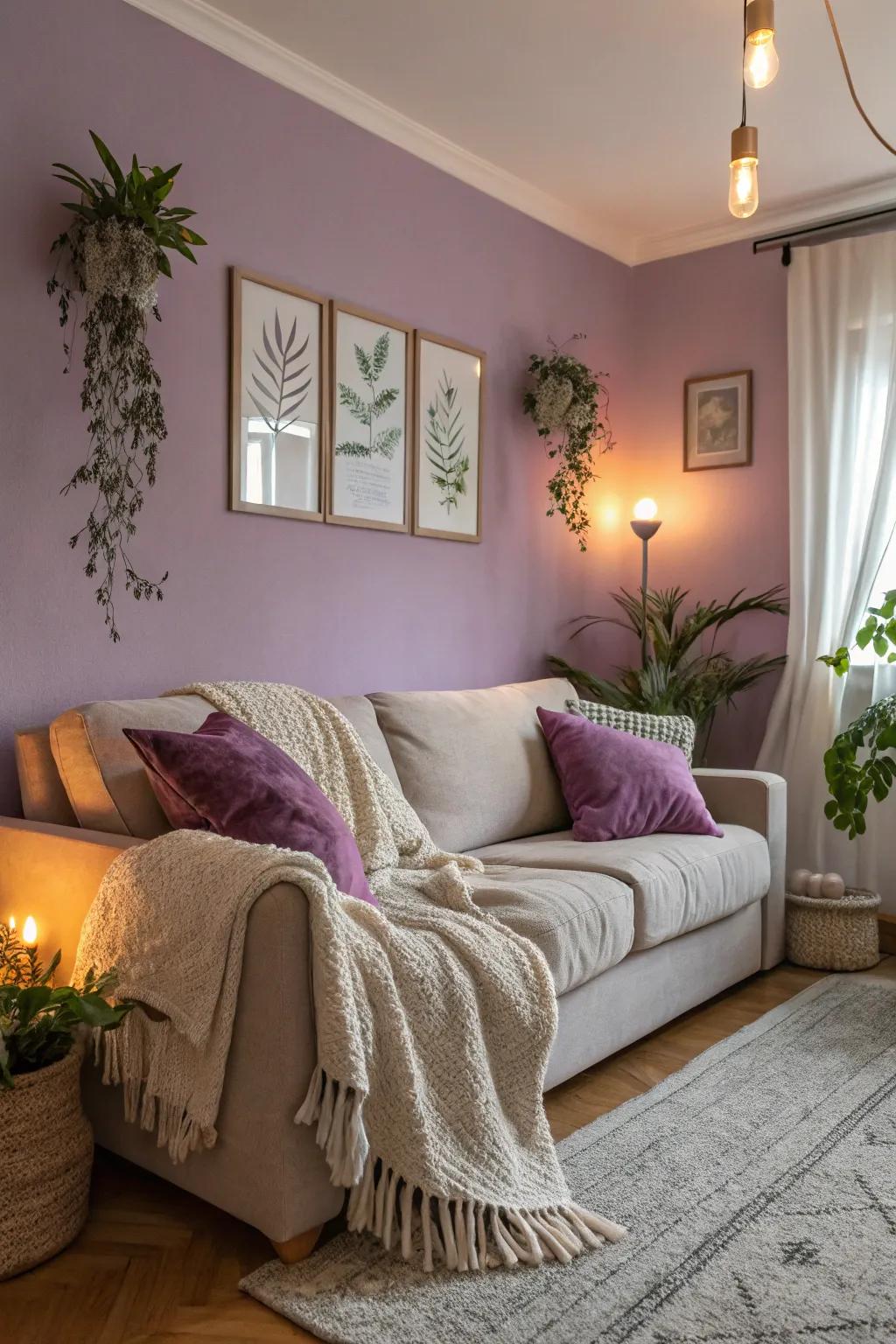 Pale purple walls foster a calming and welcoming ambiance in this living space.