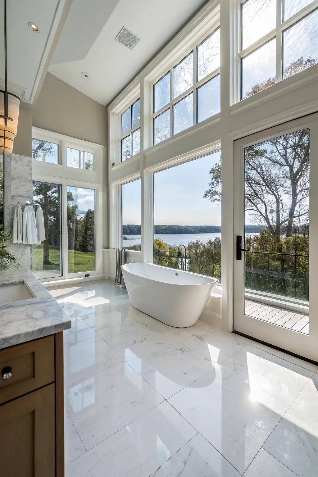 A spacious arrangement enhances comfort and flow in this primary bathroom.