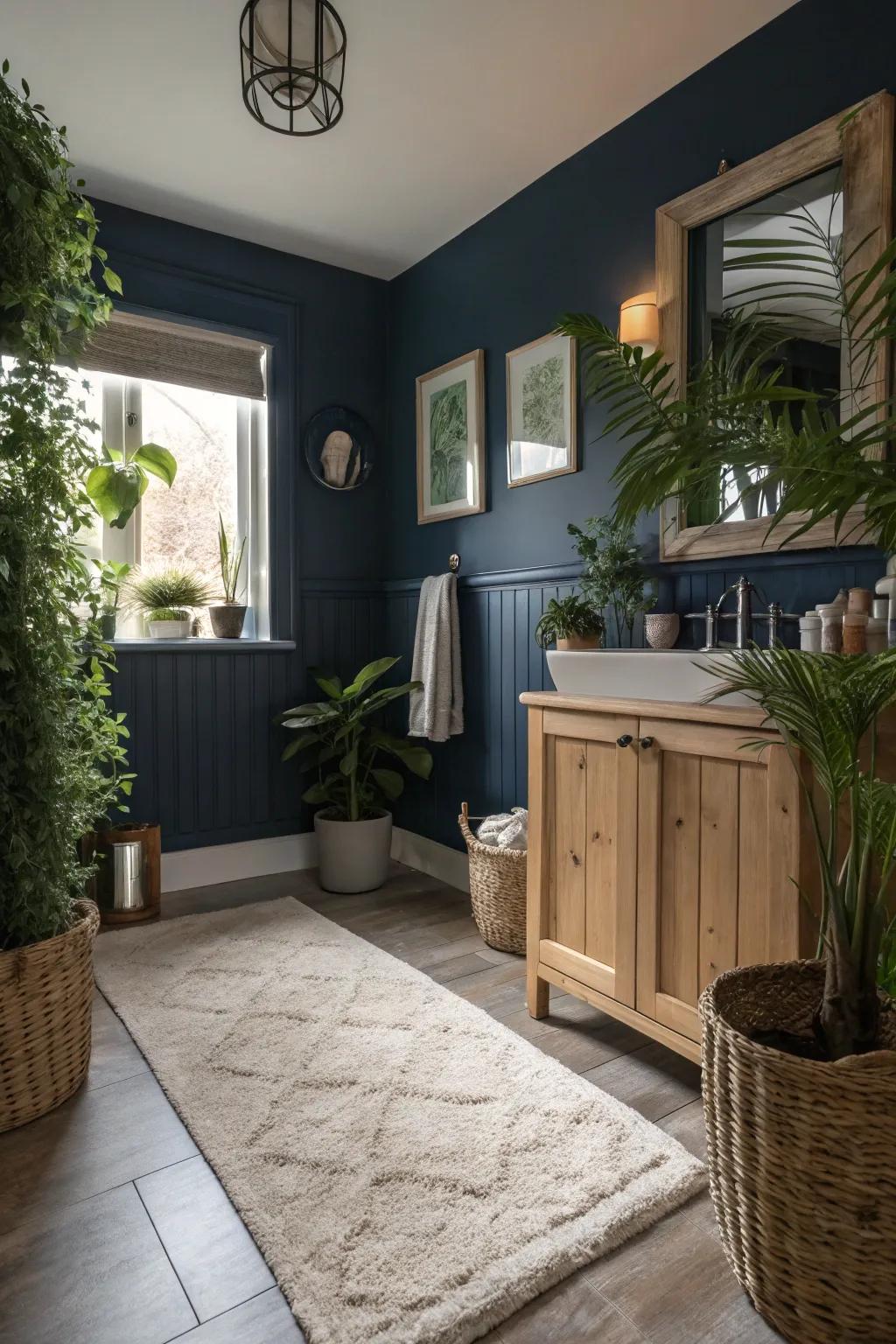 Ornamental features impart warmth and texture to midnight blue bathrooms.