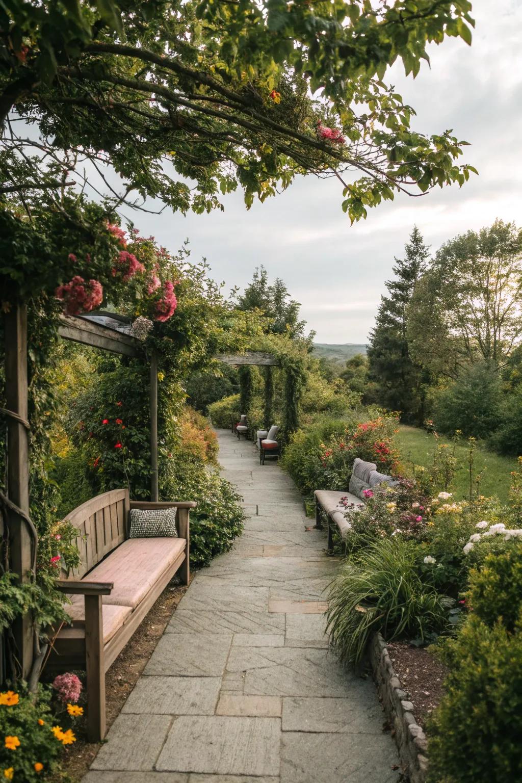 A garden walkway featuring a cozy seating space for relaxation.