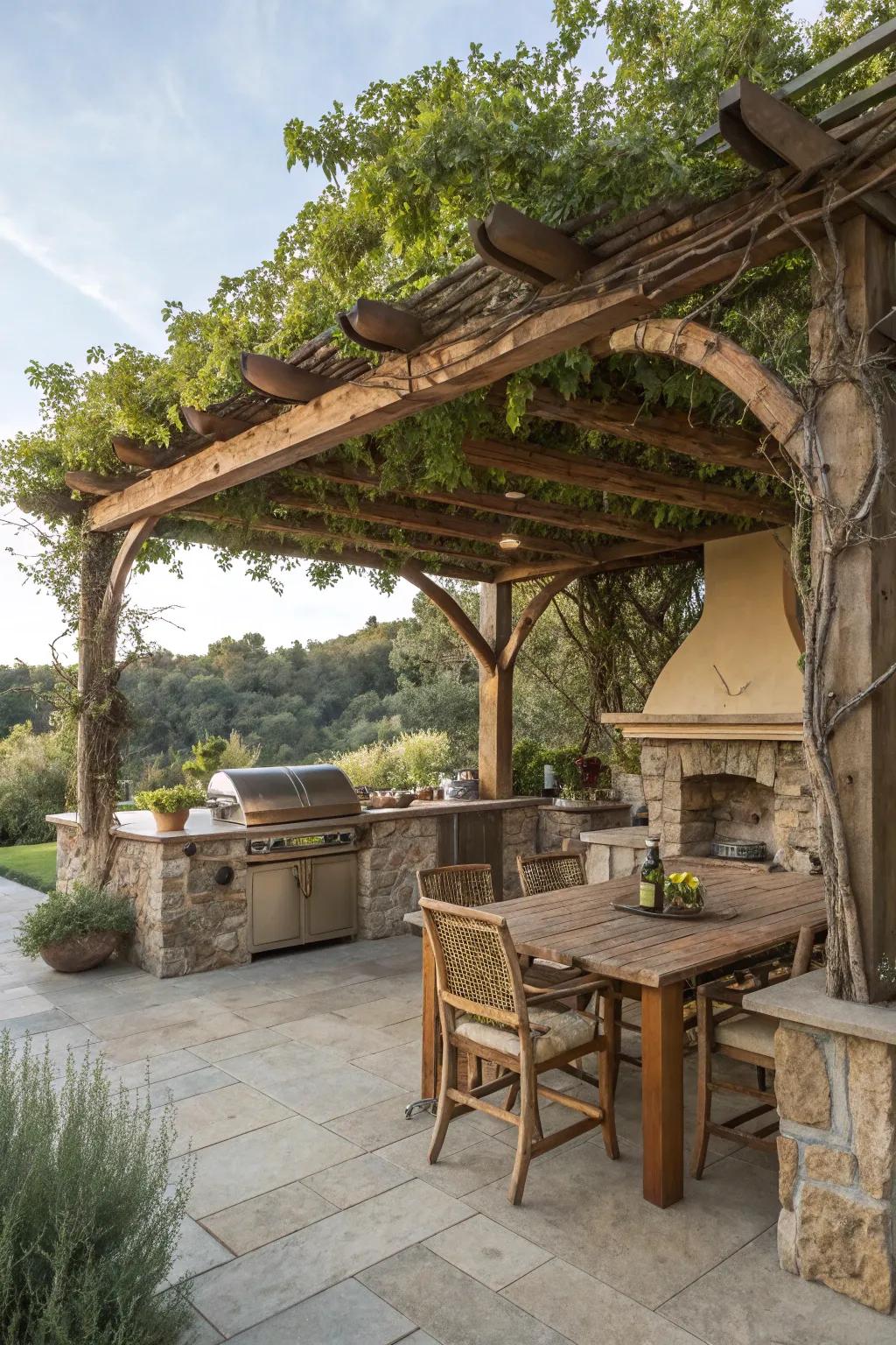 Nature-inspired pergola merging seamlessly with its environs.