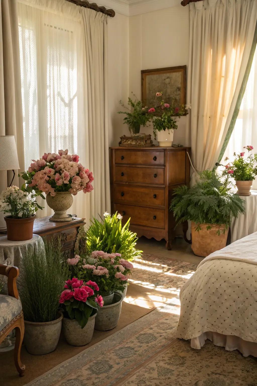 Herbal components introduce life and freshness to a modern shabby chic bedroom.