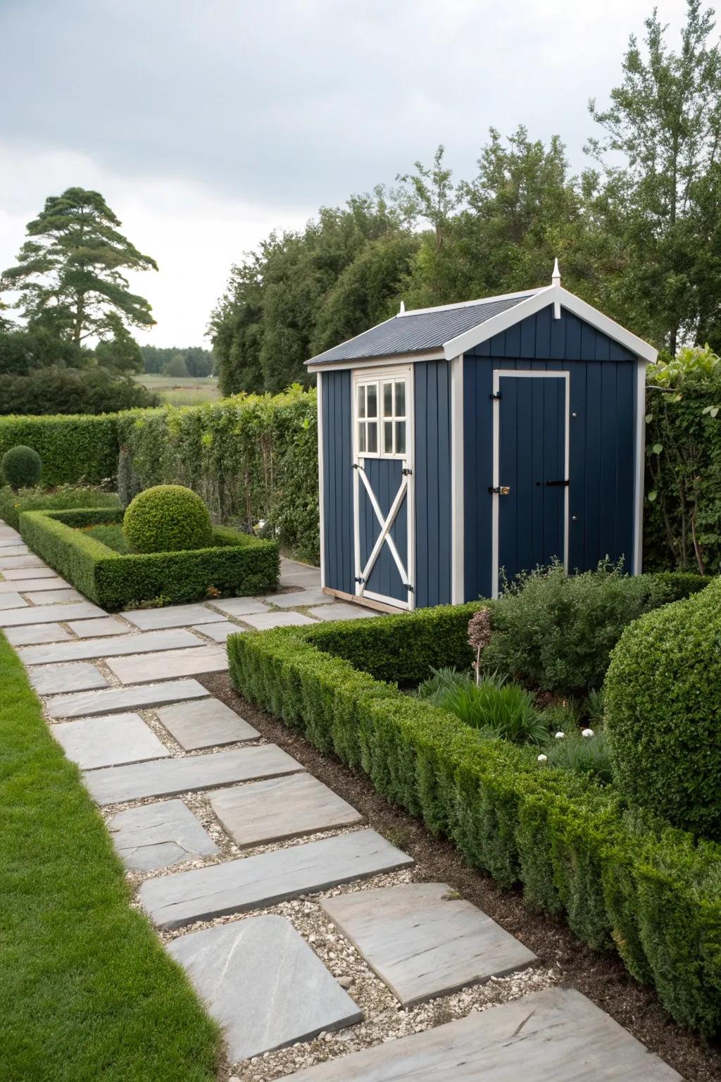 A polished navy shed that stands timeless in any garden.