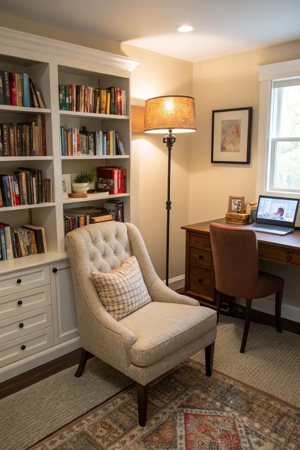 A cozy reading alcove ideal for relaxation and concentration.