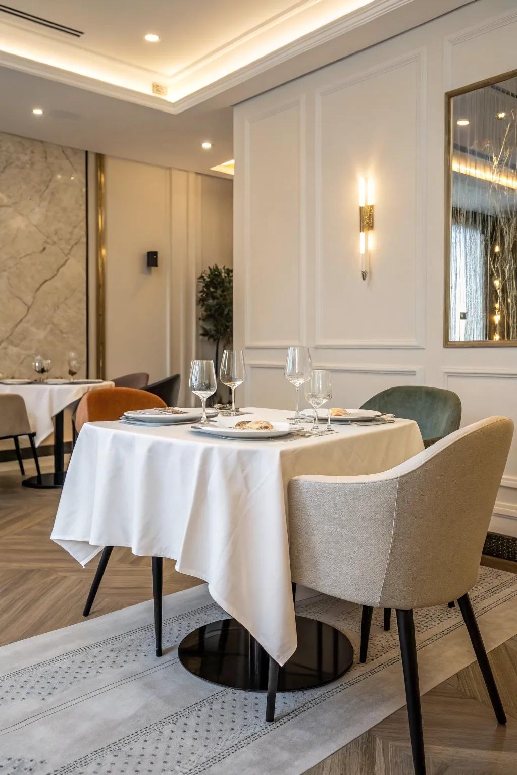A subtle pale table covering provides an ageless elegance.