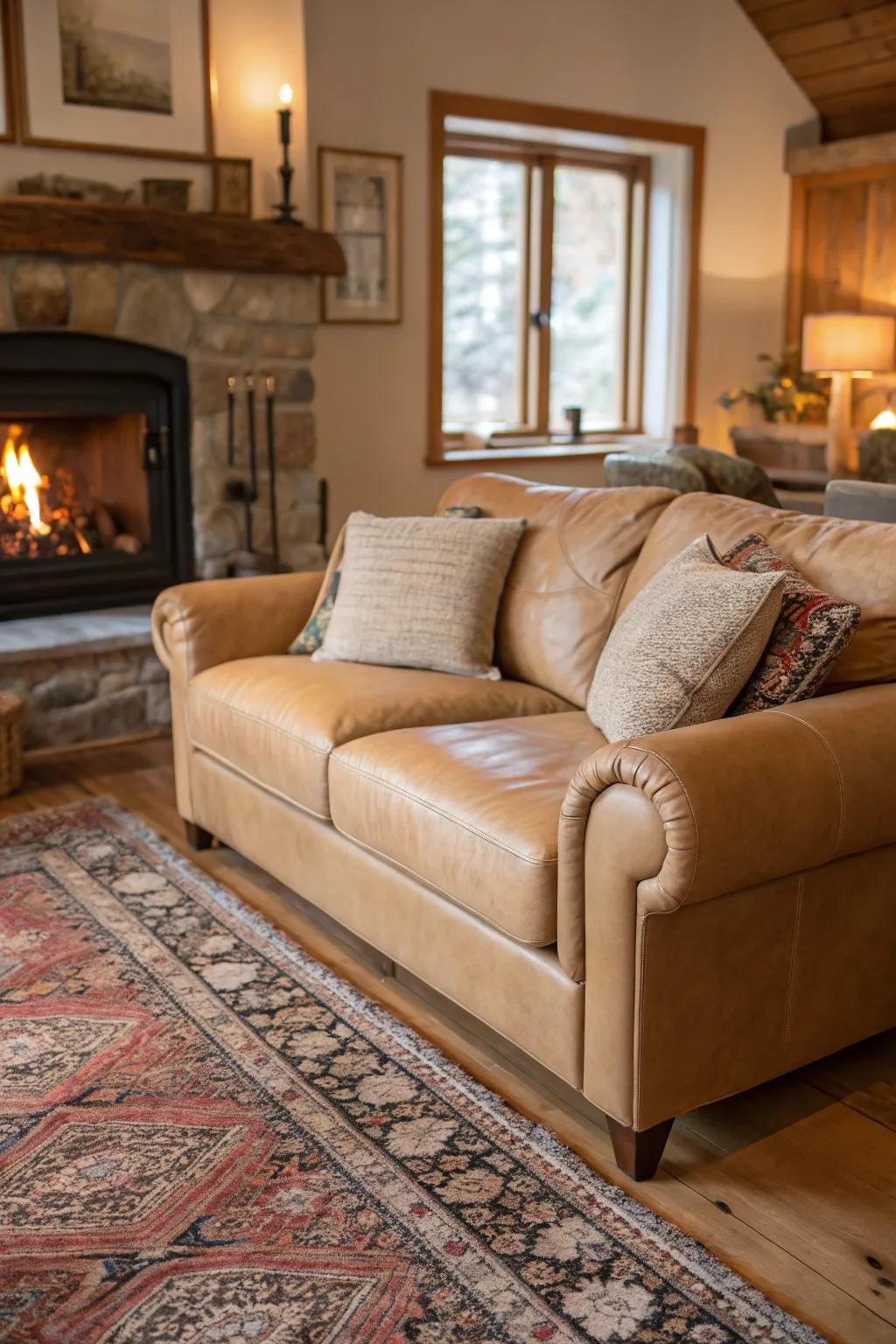 A fireplace incorporates warmth to a lounge setting featuring a tawny hide couch.