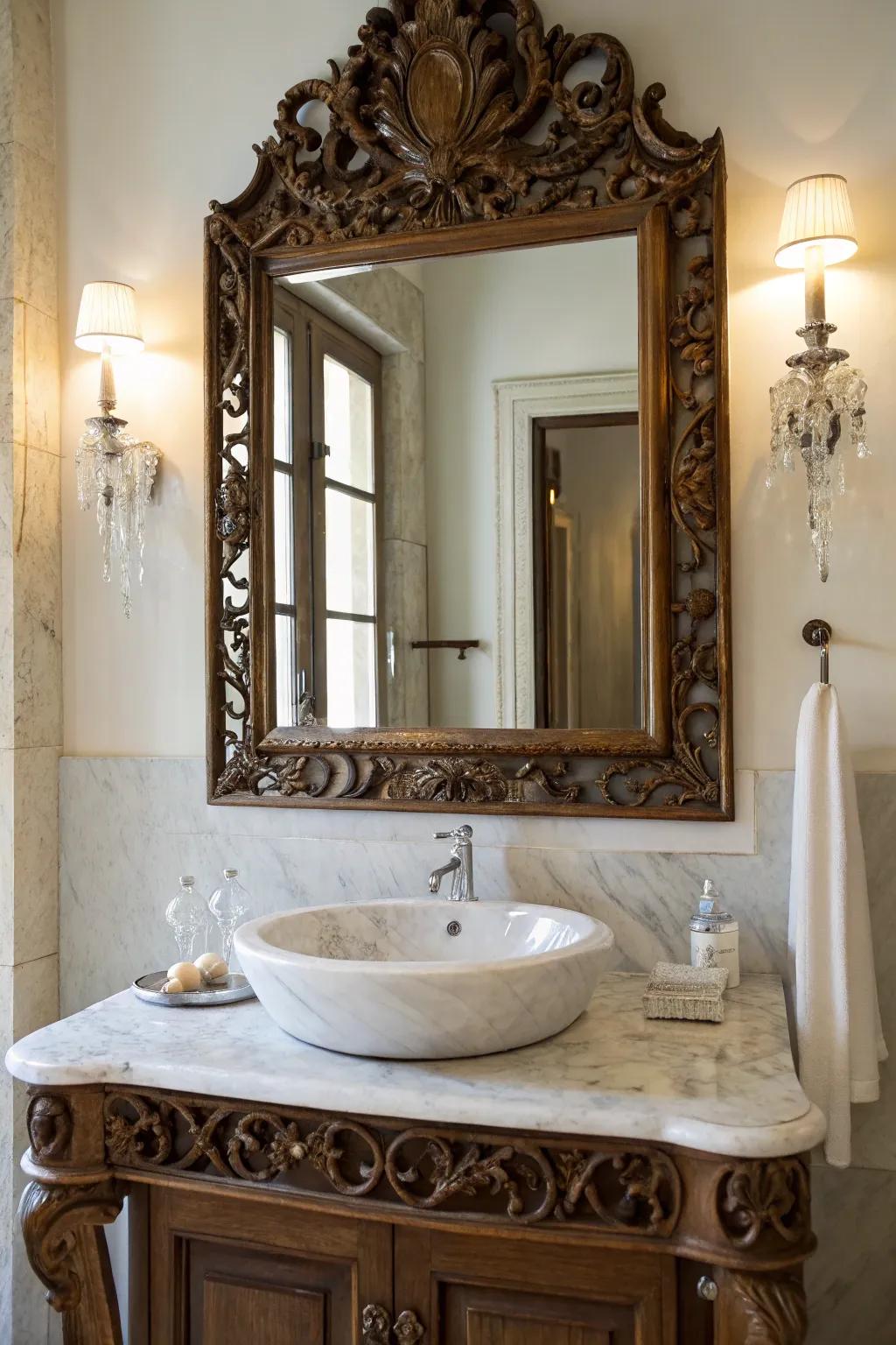 A vintage mirror enhances depth and sophistication.