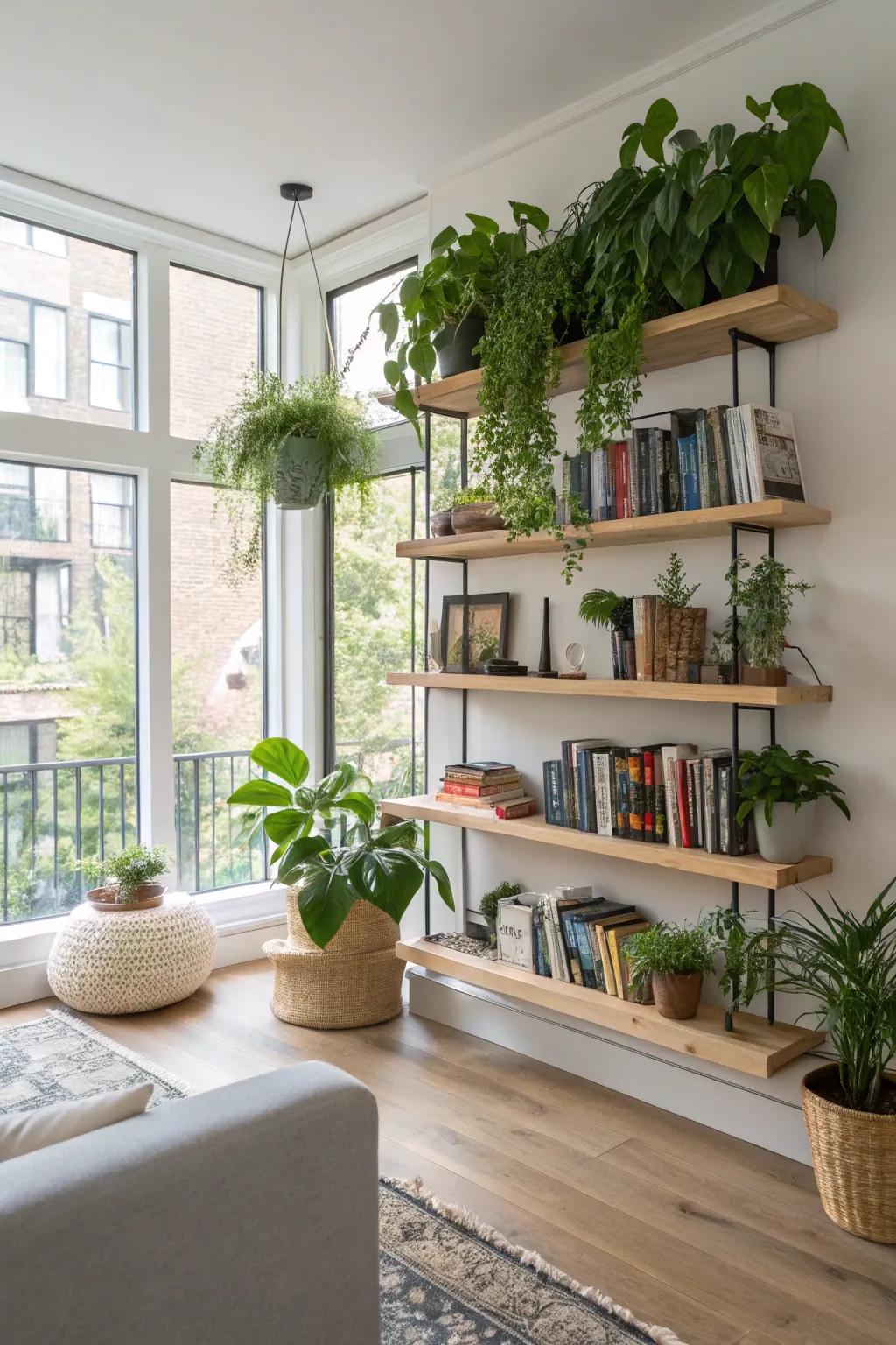 Floating racks providing a versatile screen of botanicals and literary works.