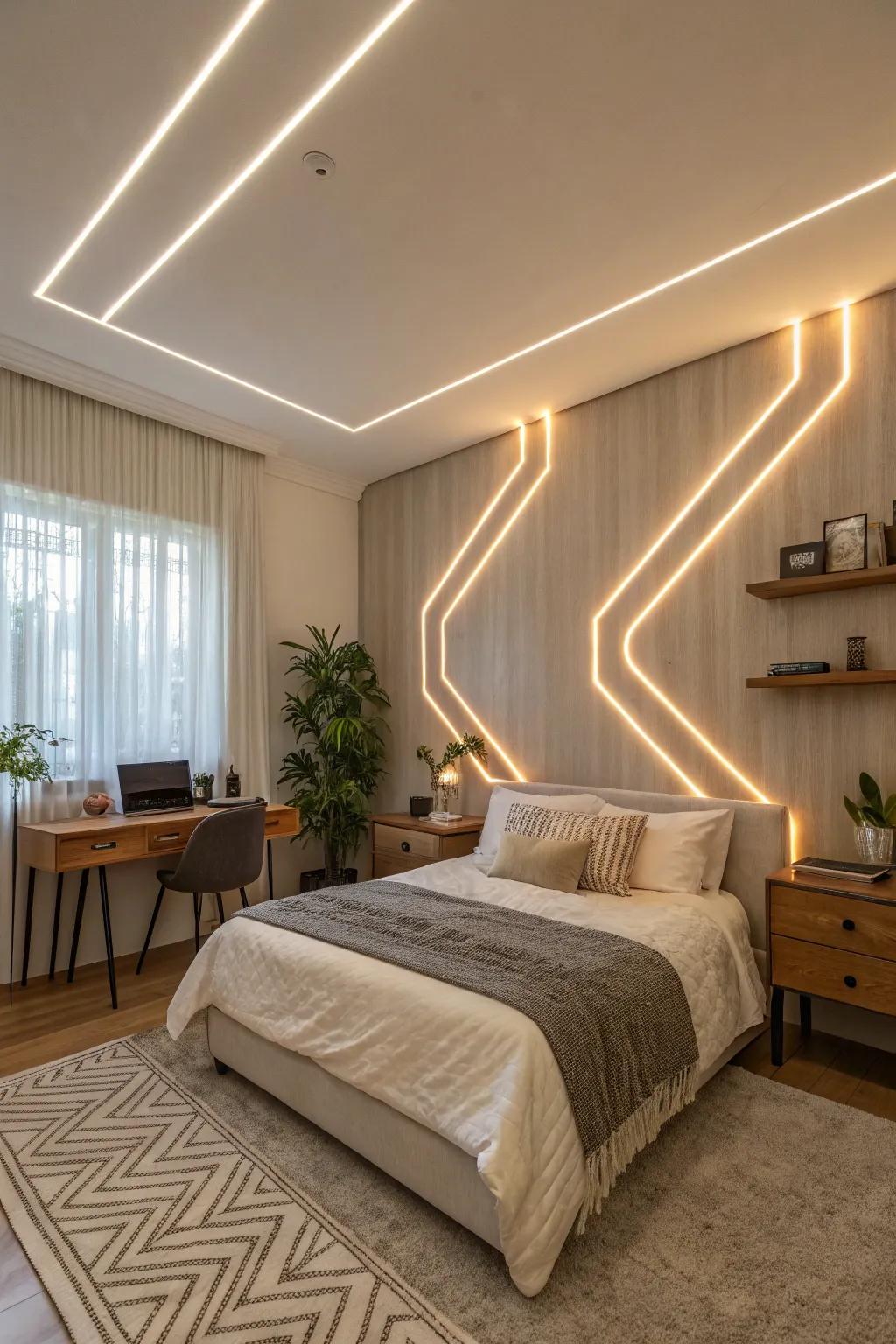Artistic wall illumination bands for modern flair.