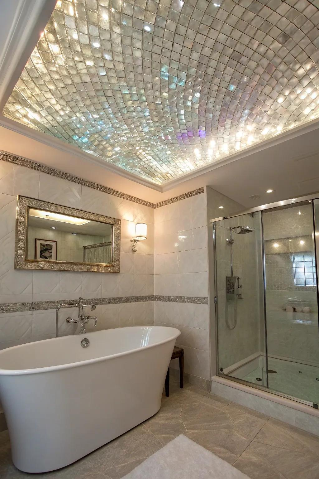 An unconventional overhead embellishment with mother of pearl tiles crafts a wow factor.