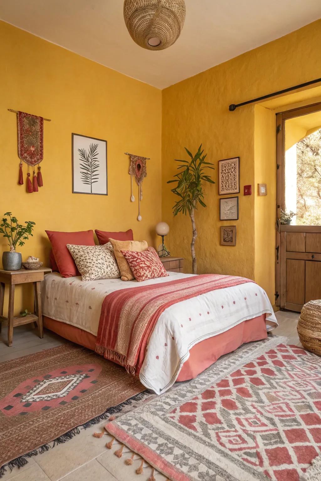 A sleeping chamber accentuating amber, terracotta, and coral ornamental highlights.