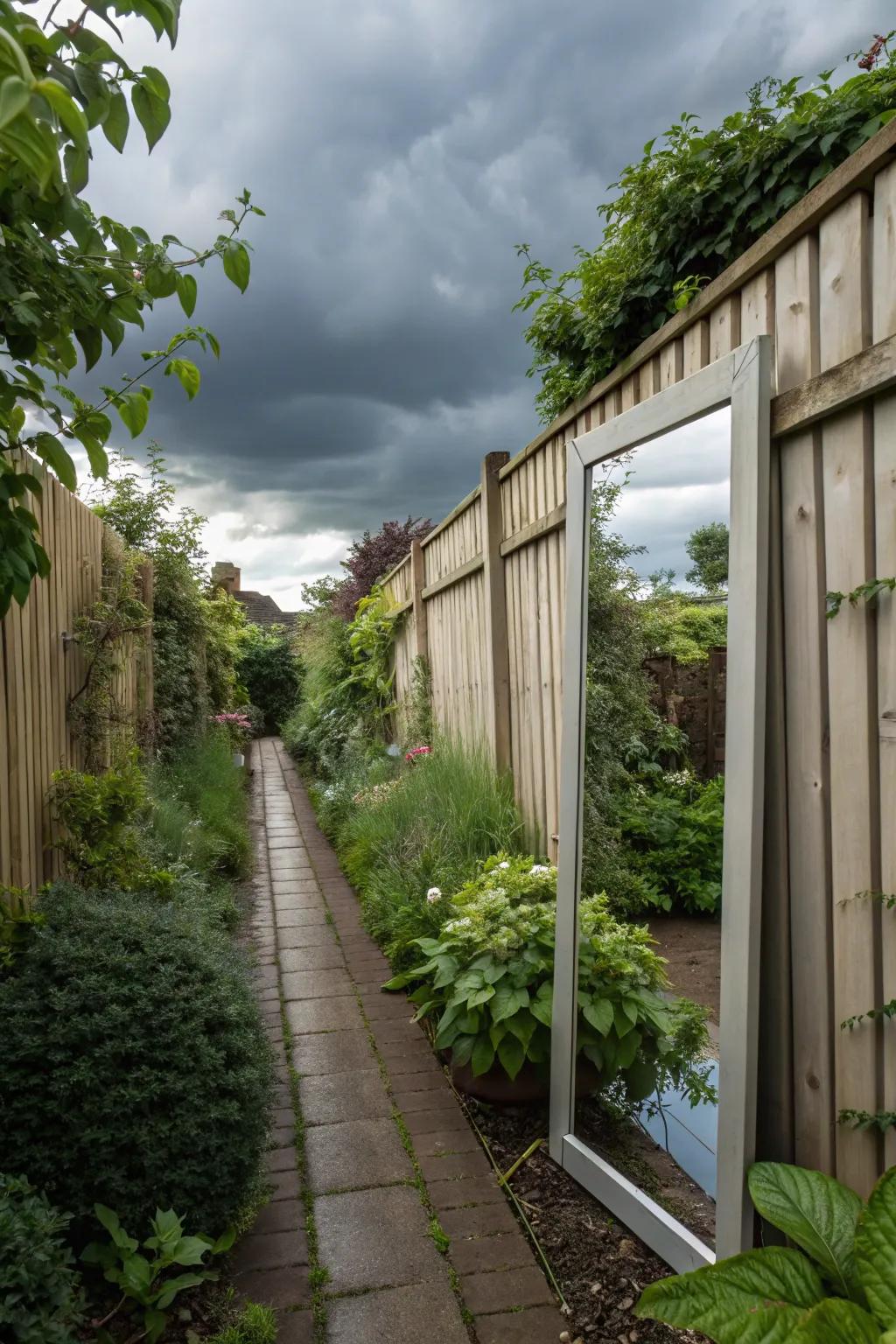 Reflectors fashion the optical illusion of more dimension in a narrow garden.