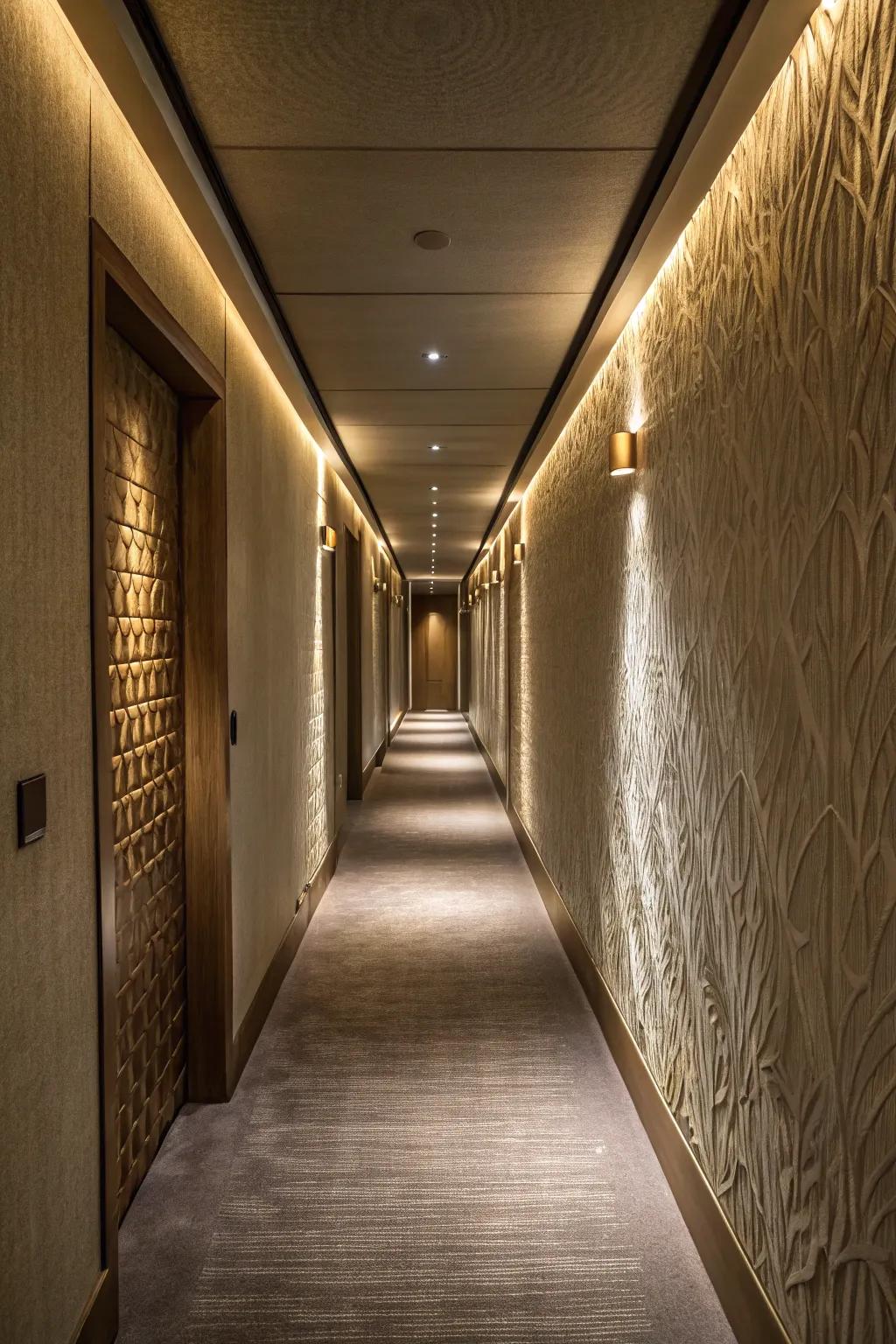Textured surfaces append dimension and fascination to a slender entryway.