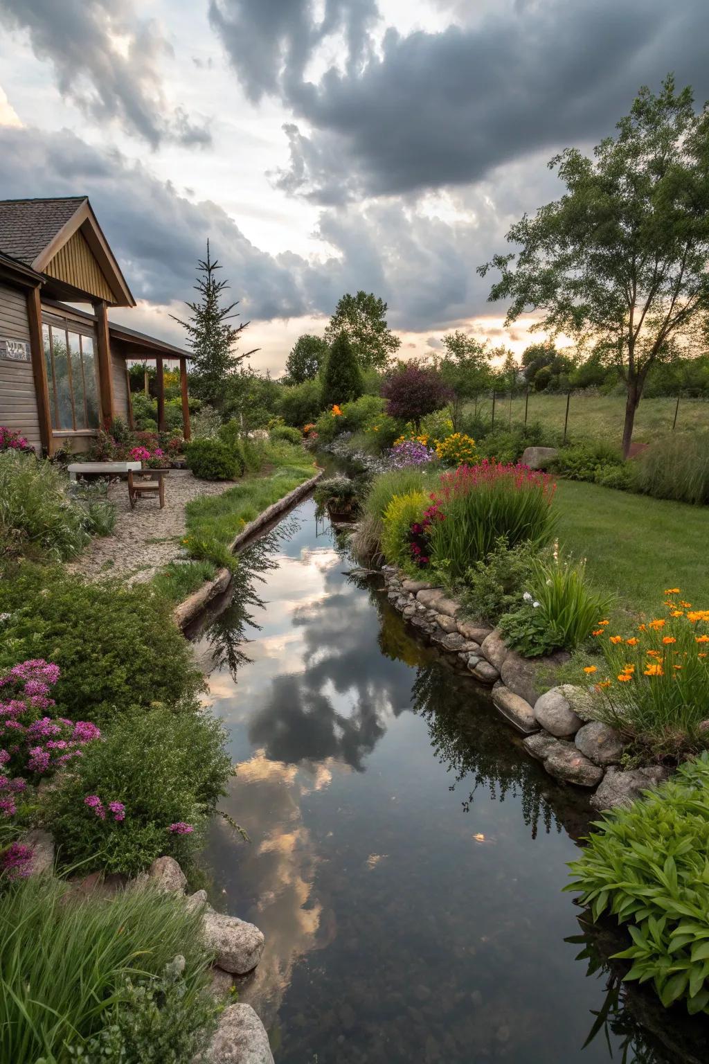 A mirroring stream creating a tranquil garden retreat.