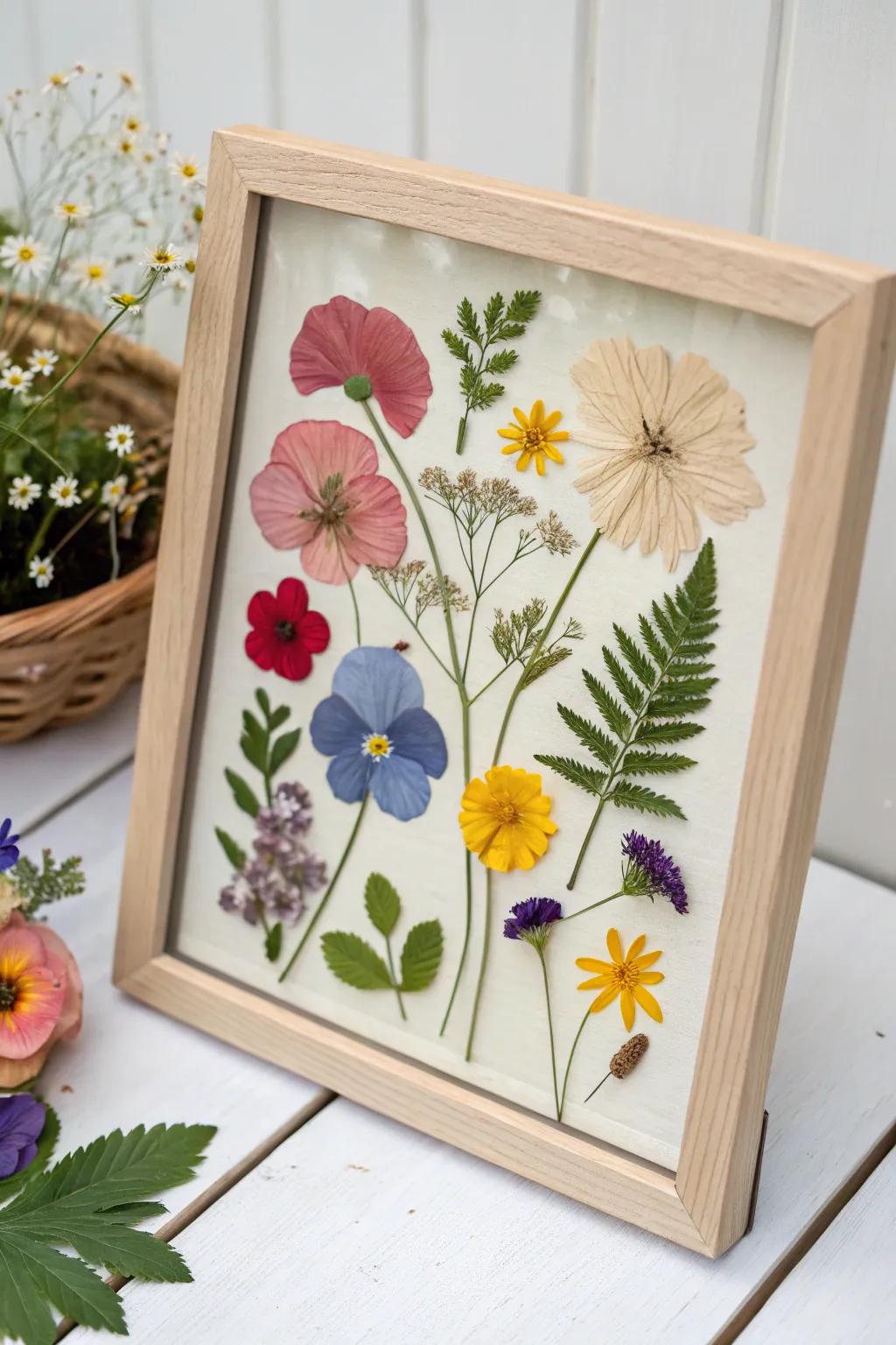 A delicate composition employing pressed blossoms.