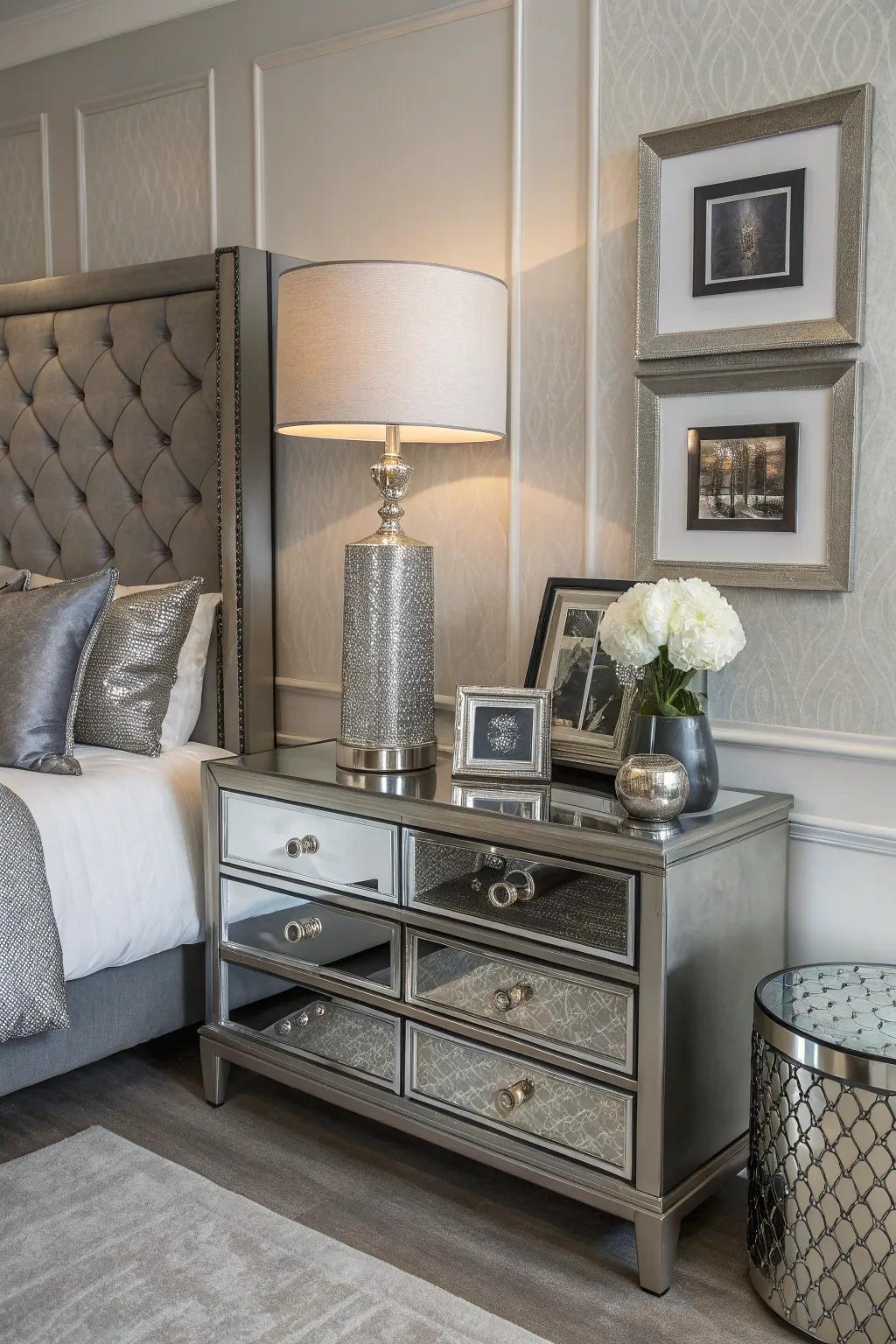 Metallic grey accents add a polished touch to the bedroom's decor.