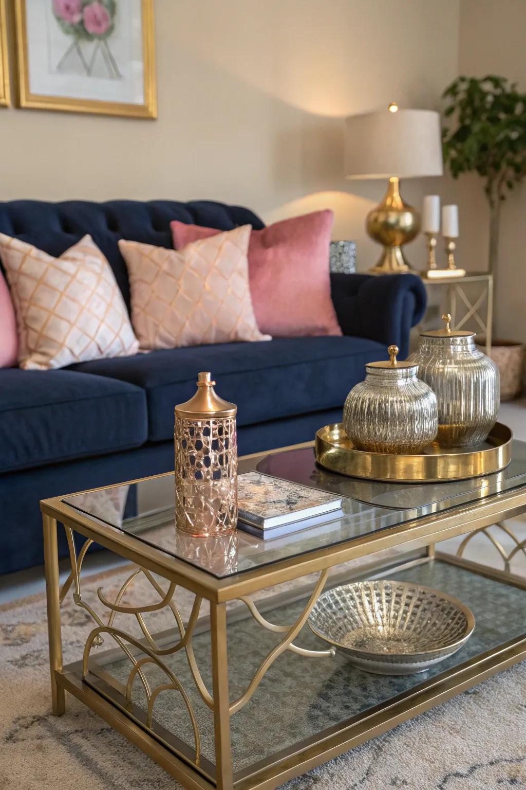 Mixed metals contribute a sophisticated contrast to marine and rose.