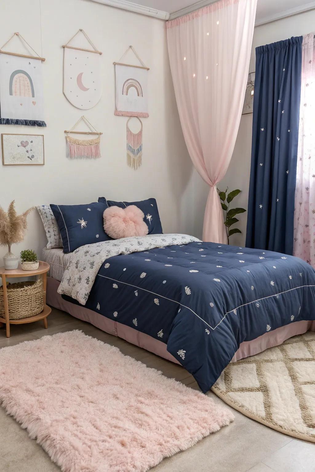 For a serene balance, soften dark blue with pastel accents.