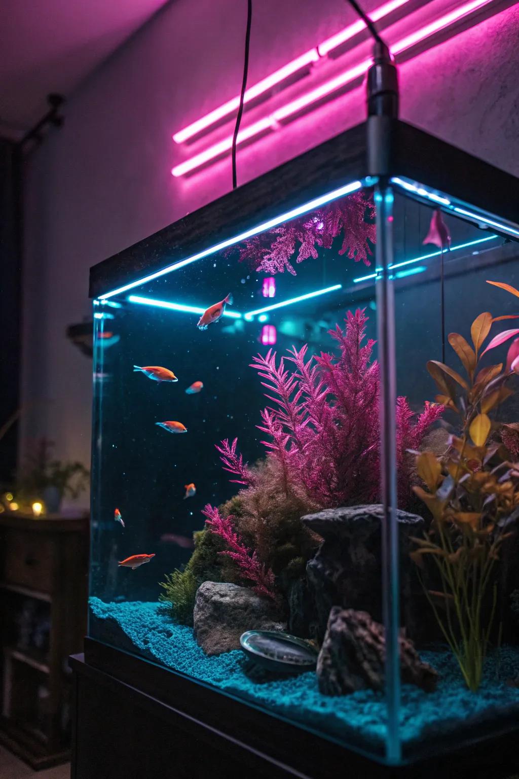 Striking contrasts in fluorescent hues render this aquarium conspicuous.