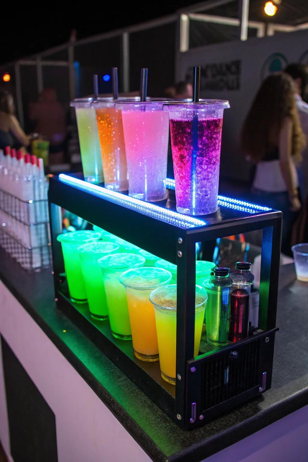 A neon libation alcove presenting potables radiating beneath blacklight, showcasing vivid and eye-catching cocktails.