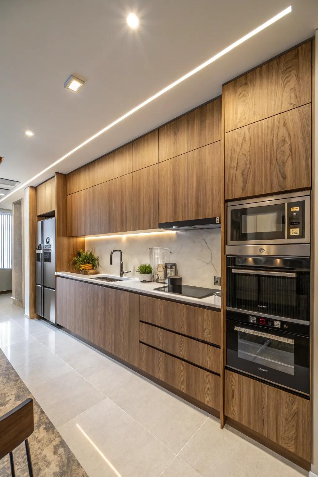 Incorporated devices assist in sustaining a consistent and refined kitchen design.
