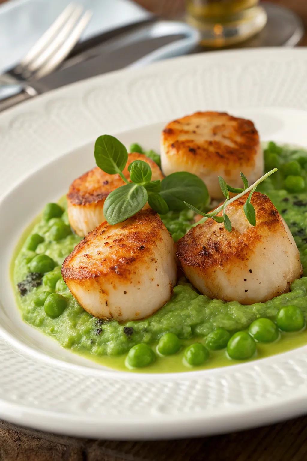 Prepared scallops with herbaceous pea cream, offering a sophisticated touch to your New Year's dinner.