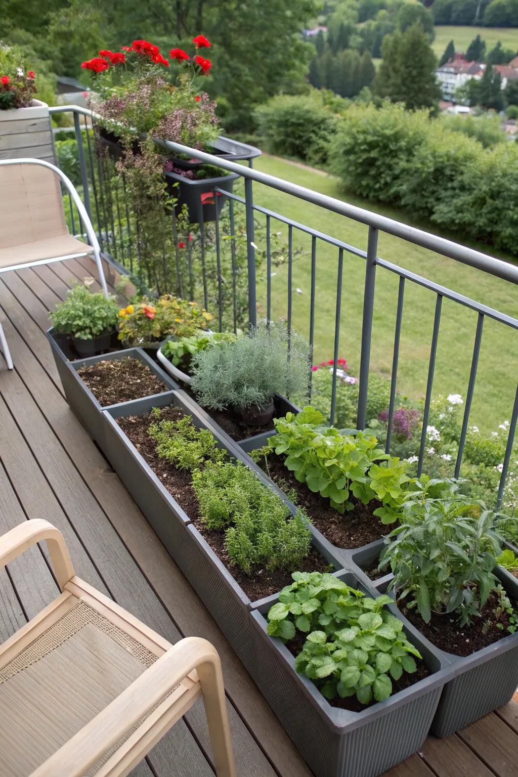 Effortless gardening with self-watering planters on a sunlit deck.