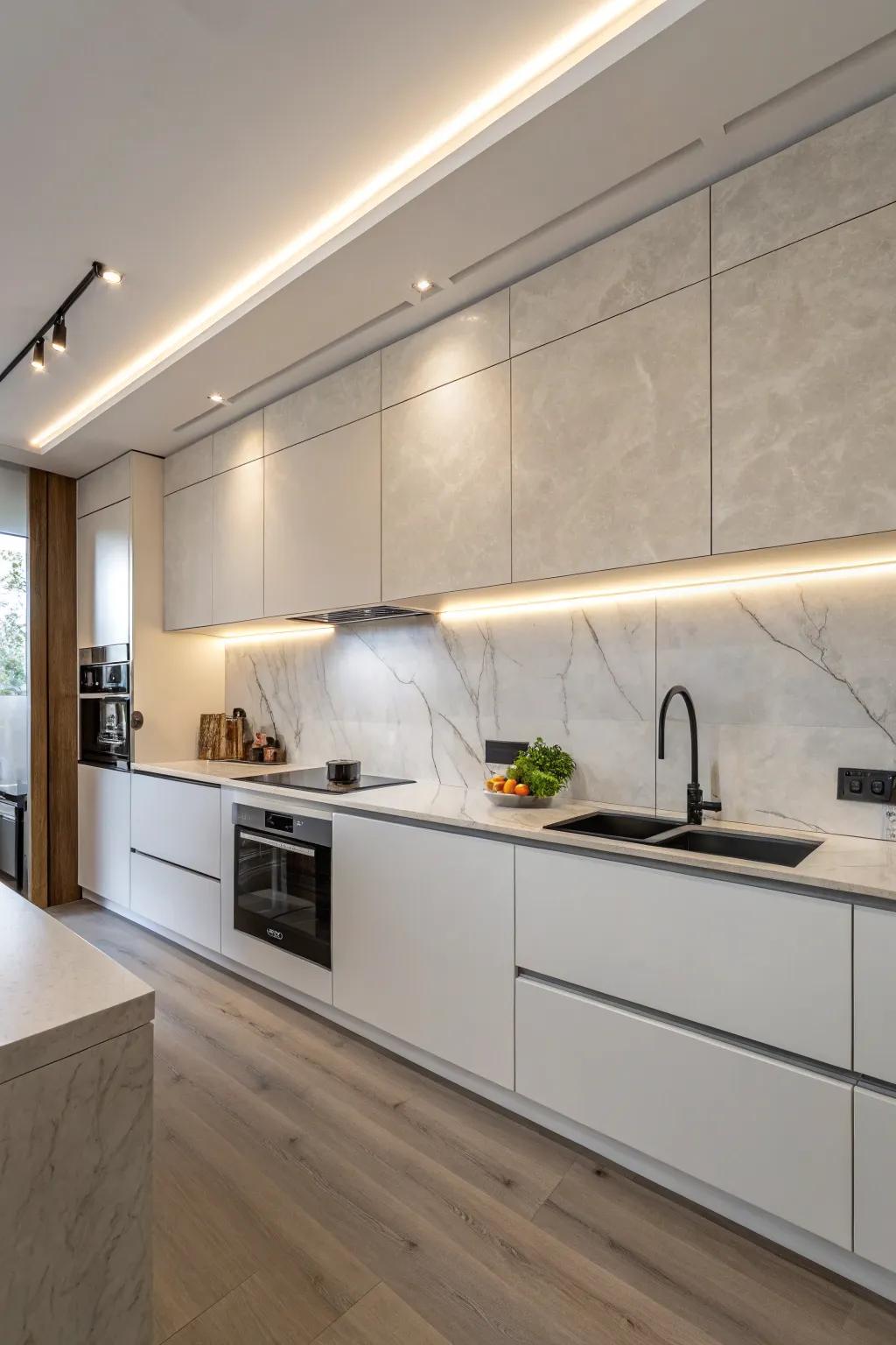 Composite material backsplashes deliver a seamless and contemporary aesthetic.