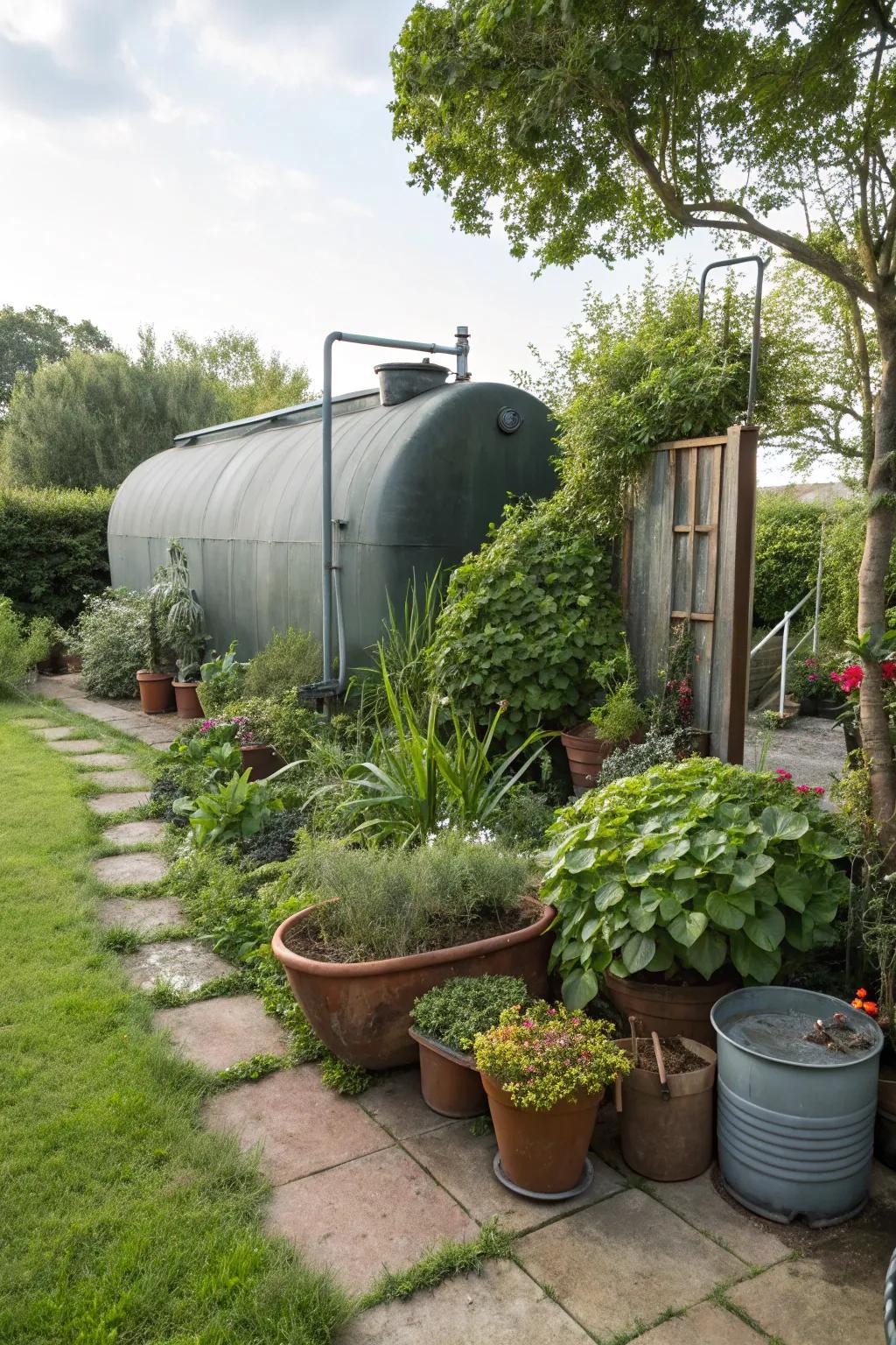 A fuel container discreetly hidden by a diverse array of potted flora.